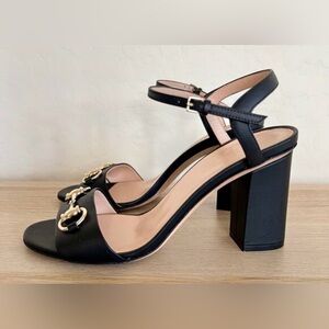 Gucci Black Heeled Sandals with Gold Horsebit accent